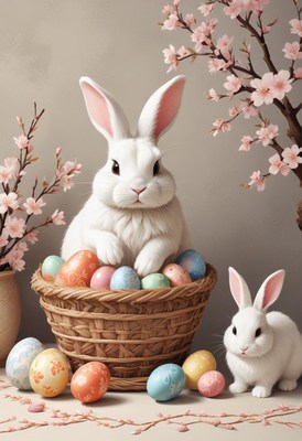 White rabbits with colorful eggs in a spring setting