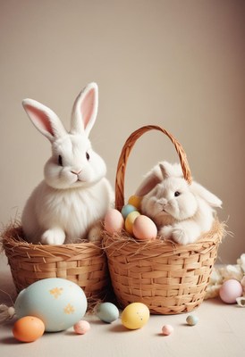 Cute bunnies with colorful eggs in woven baskets