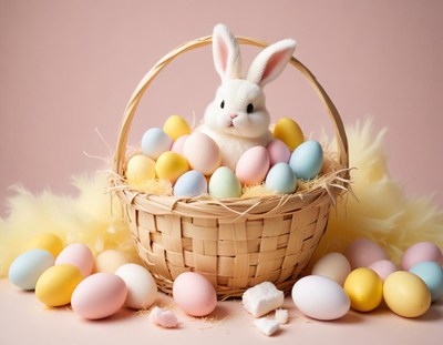 Bunny surrounded by colorful easter eggs in basket