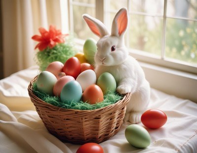 Cute bunny with colorful eggs in a basket near window