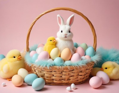 Easter basket filled with pastel eggs and fluffy chicks