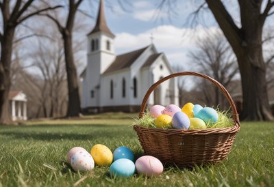 Colorful easter eggs in a basket near a church