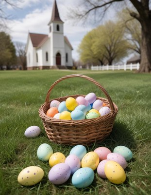 Colorful easter eggs gathered near a white church