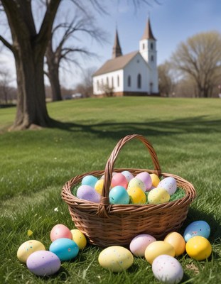Easter egg hunt near a historic church in springtime