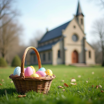 Easter eggs in a basket near a historic church