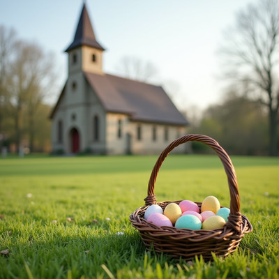 Easter egg hunt near a quaint church on a sunny day