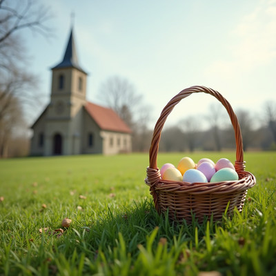 Colorful easter eggs in a basket near a church