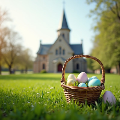 Spring celebration with easter eggs near church