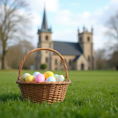 Colorful easter eggs in a basket near a church