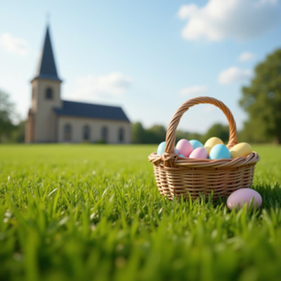 Colorful easter eggs in a basket beside a church
