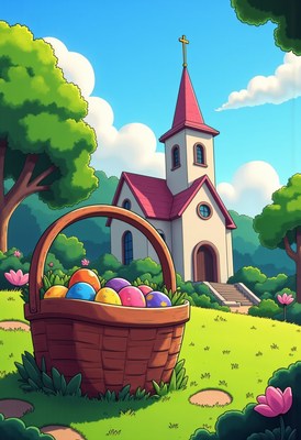 Colorful easter eggs in a basket near a church