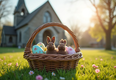 Easter basket filled with bunnies and colorful eggs outdoors