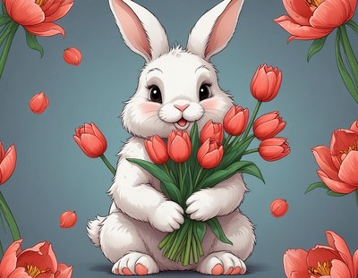 Cute rabbit holding tulips surrounded by flowers