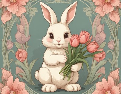 Cute rabbit holding tulips in a floral background