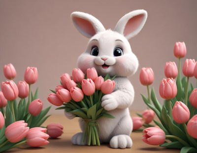 Cute rabbit holding a bouquet of pink tulips in spring