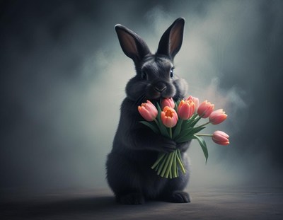Black rabbit holding tulips in a misty setting
