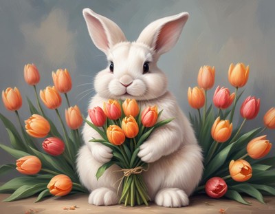 Cute rabbit holding tulips in a floral setting