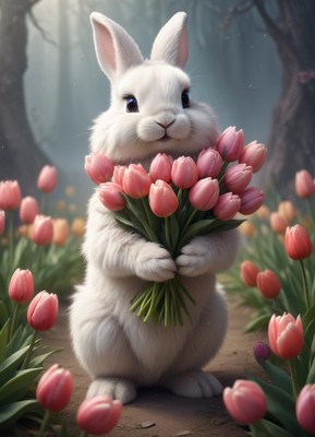 Cute rabbit holds bouquet of tulips in a forest