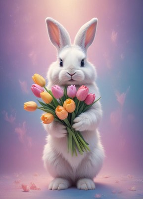 Cute bunny holding colorful tulips in soft light