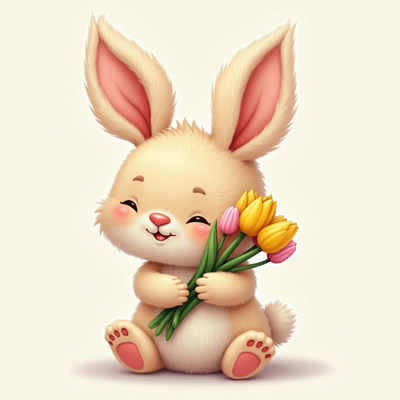 Cute bunny holds colorful flowers in cheerful display