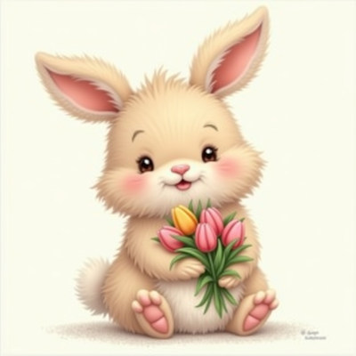 Cute bunny holding flowers in a spring setting