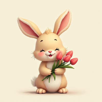 Cute bunny holding tulips in a joyful display