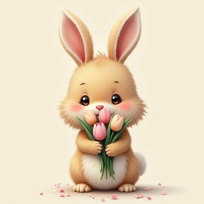 Cute rabbit holding colorful flowers, springtime joy