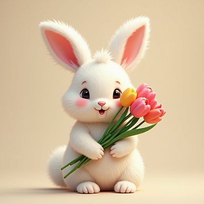 Cute rabbit holds tulips with a joyful expression