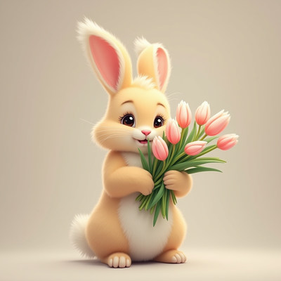 Cute bunny holding a bouquet of tulips in springtime