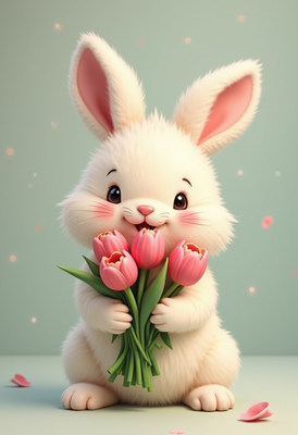 Cute rabbit holding pink tulips in a cheerful setting