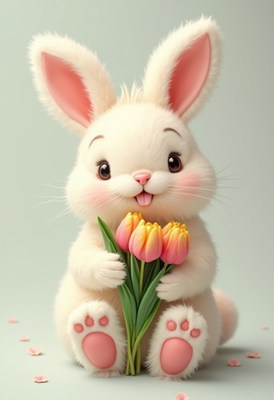 Cute rabbit holding tulips in a cheerful pose