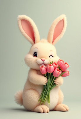Cute bunny holds tulips in a whimsical setting