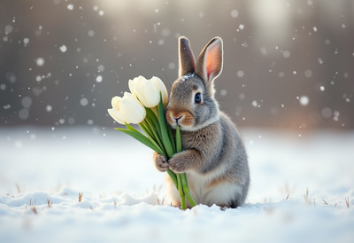 Rabbit holds bouquet of tulips in snowy landscape