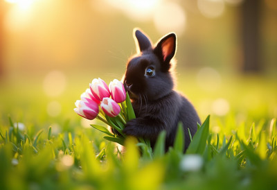 Black bunny holding tulips in a sunny garden