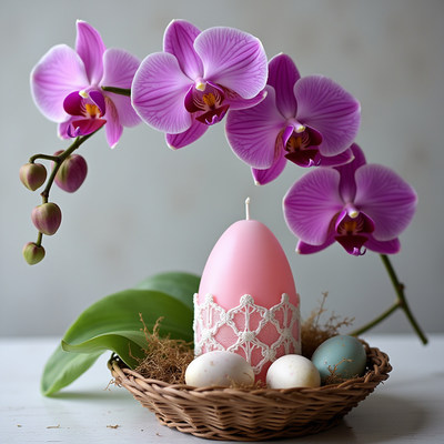 Decorative arrangement of pink orchids and easter eggs