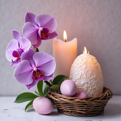 Decorative spring arrangement with orchids and candles