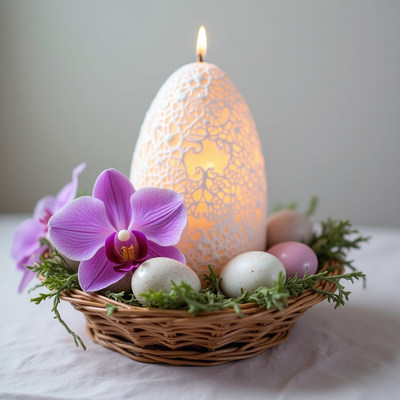 Decorative easter egg centerpiece with flowers and candles