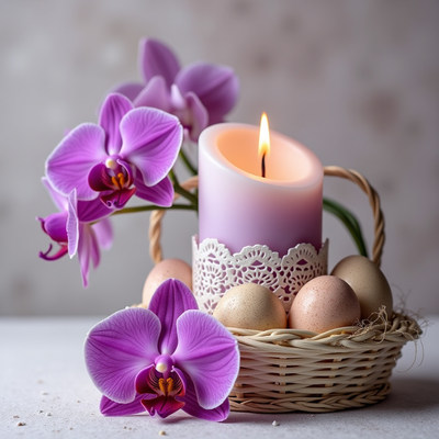 Beautiful arrangement of candles and flowers in a basket
