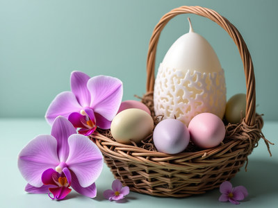 Beautiful decorative basket with pastel eggs and flowers