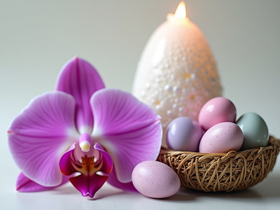 Orchid and colorful eggs with candle in soft light