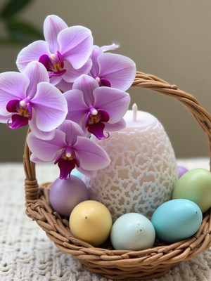 Decorative easter basket with flowers and pastel eggs