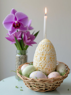 Easter celebration setup with decorative eggs and flowers