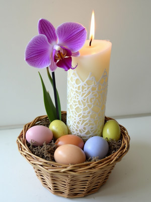 Easter centerpiece with candle and colorful eggs