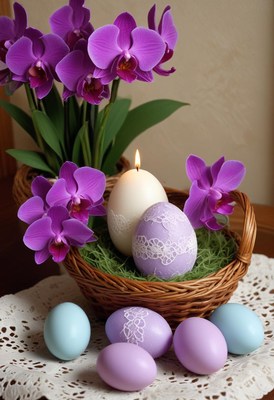 Elegant easter arrangement with flowers and decorated eggs