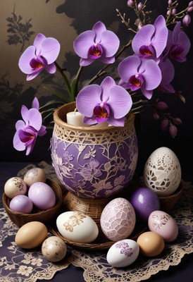 Beautiful arrangement of purple orchids and decorative eggs