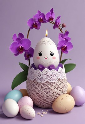 Colorful easter egg decoration with orchids and candle