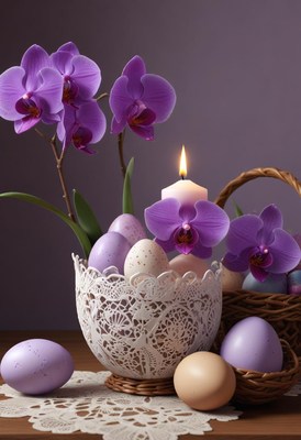 Beautiful easter arrangement with orchids and decorated eggs
