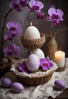 Beautiful easter decorations with pink orchids and eggs