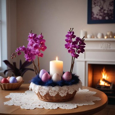 Easter decoration with flowers and candles in cozy setting