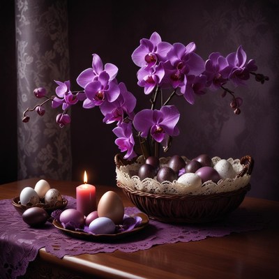 Purple orchids and decorative eggs display for celebration